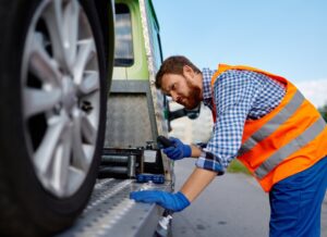 momak gleda u postavljen automobil na šlep kamionu